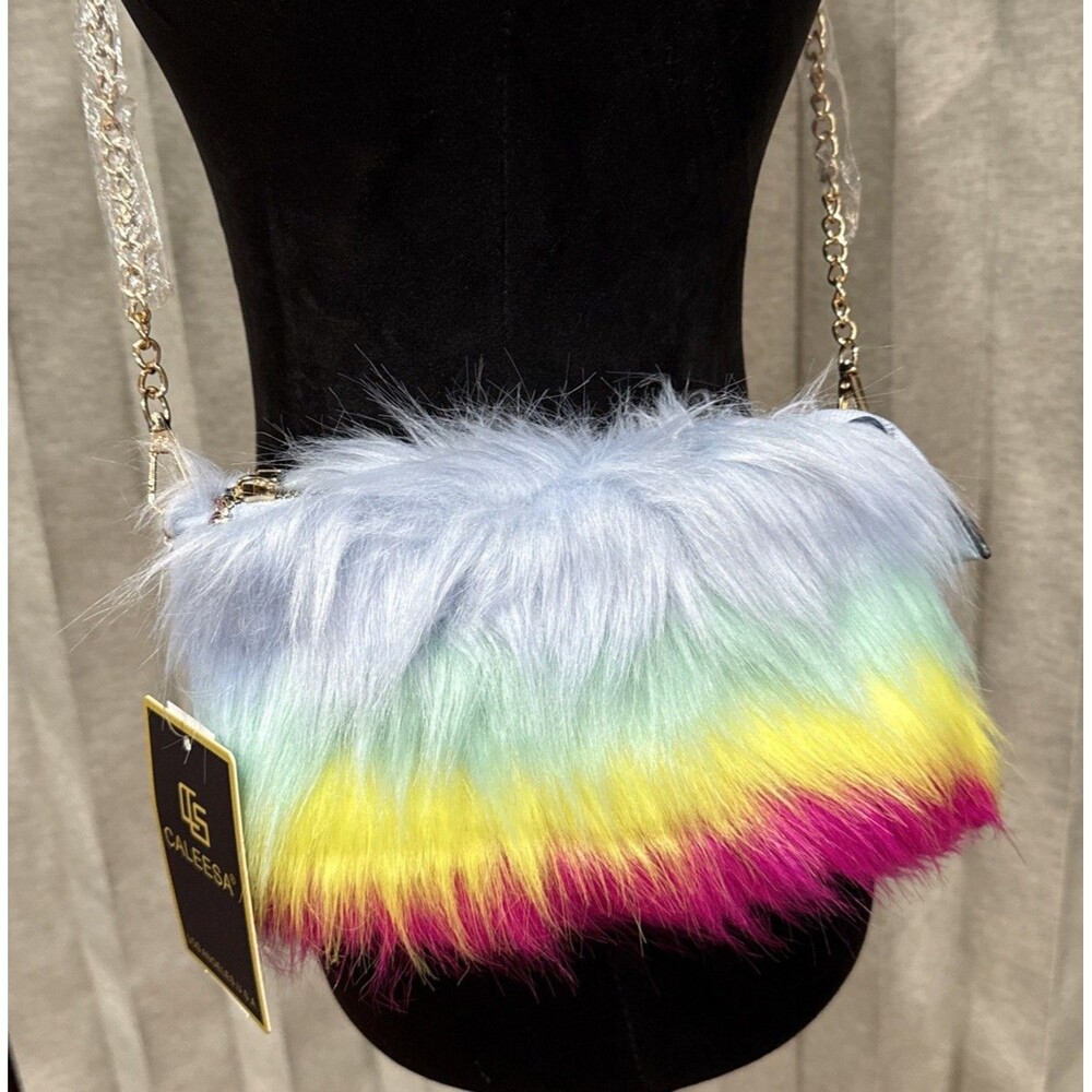 Caleesa LA USA Rainbow Over The Shoulder Bag Zip Up Furry